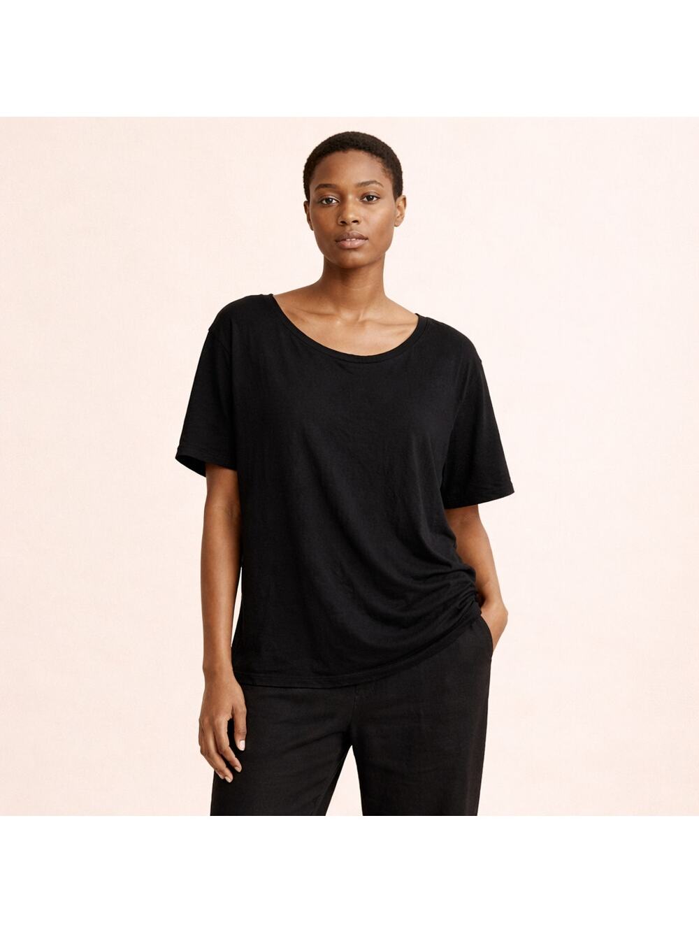 Eileen Fisher Womens Short Sleeve Top Black XL Relaxed Crewneck Boxy Minimalist